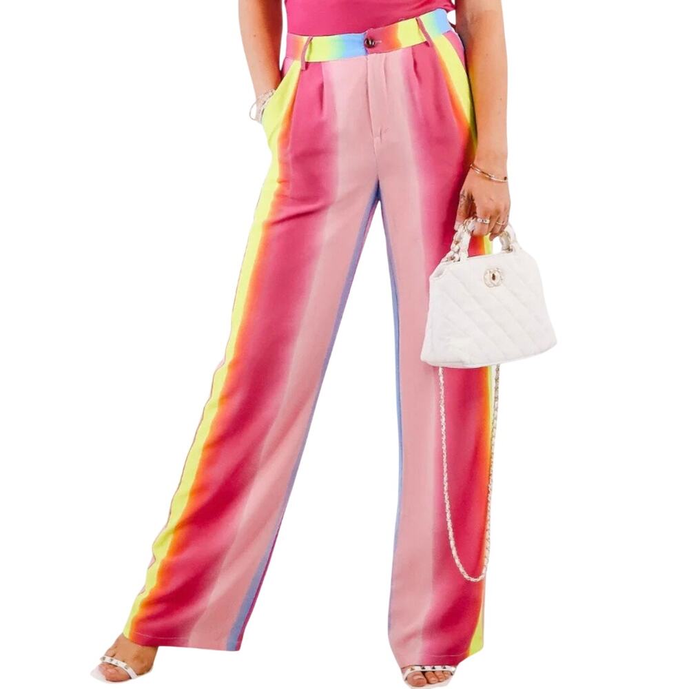 NEW Bailey Rose Neon Rockin Rainbow Pleated Trouser Wide Leg Pants Size S